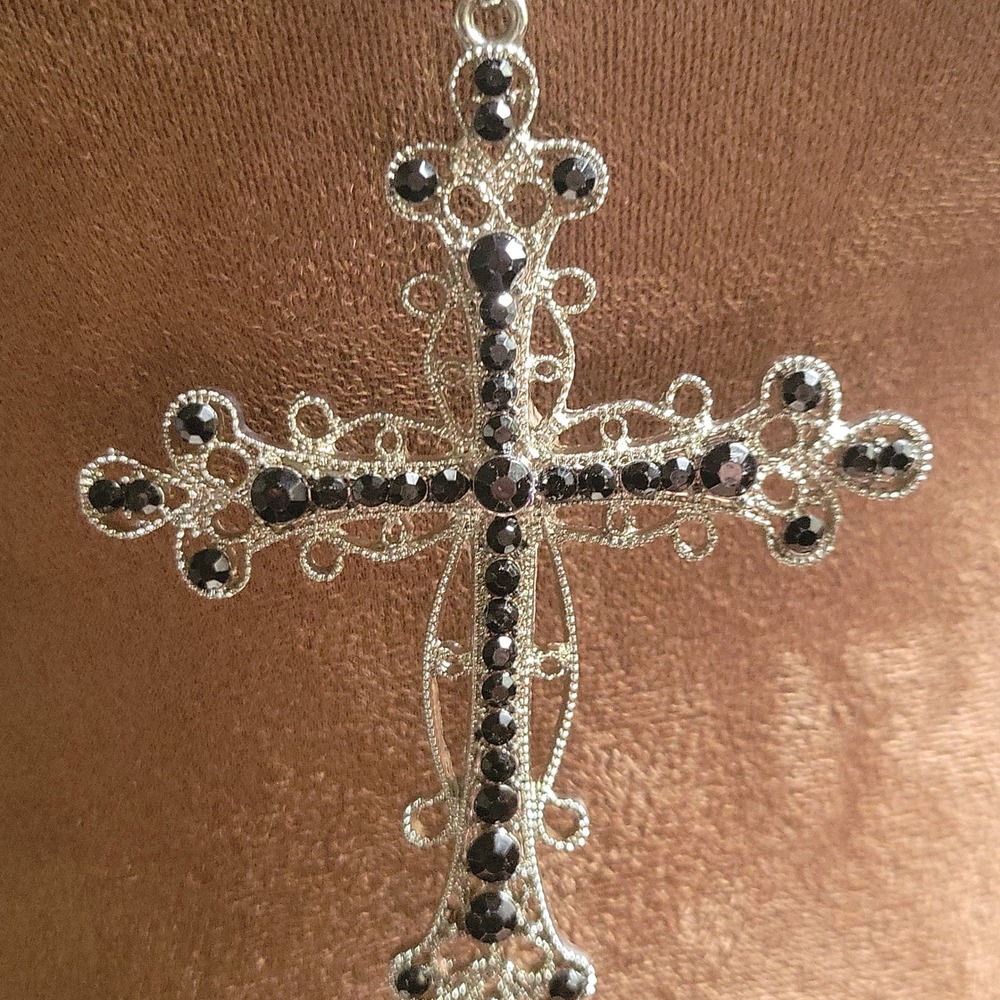 Silver Black Rhinestone Filigree Large Cross Pendant Necklace 3.5 Inch Goth